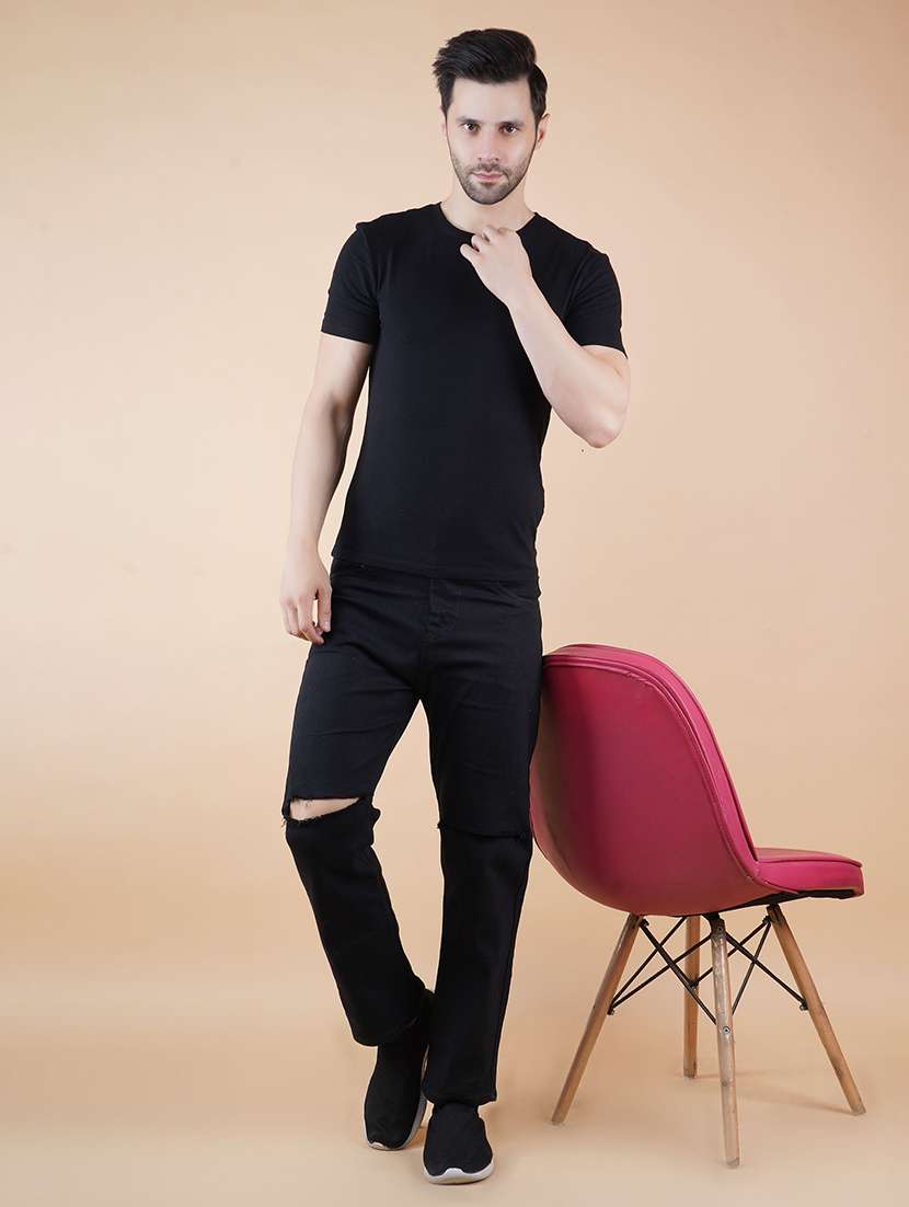 Men Slash Knee Mid Rise Full Length Straight Jeans - 22689865 -  Standard Image - 3