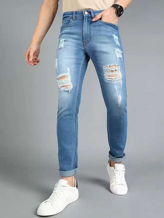 men distressed mid rise slim fit jeans