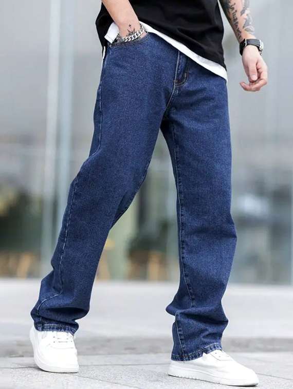 men plain mid rise full length baggy jeans