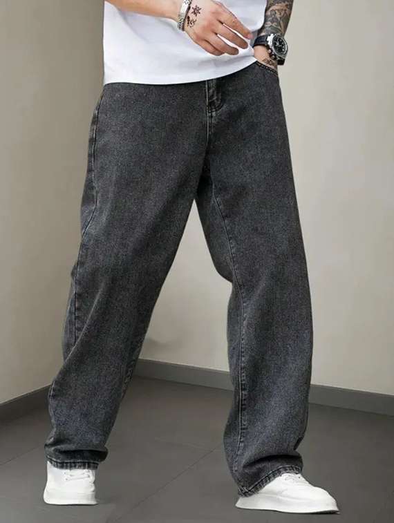 men washed mid rise baggy jeans