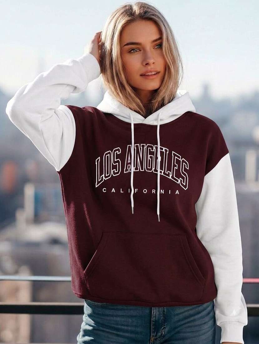 women colourblocked long sleeves hooded sweatshirt