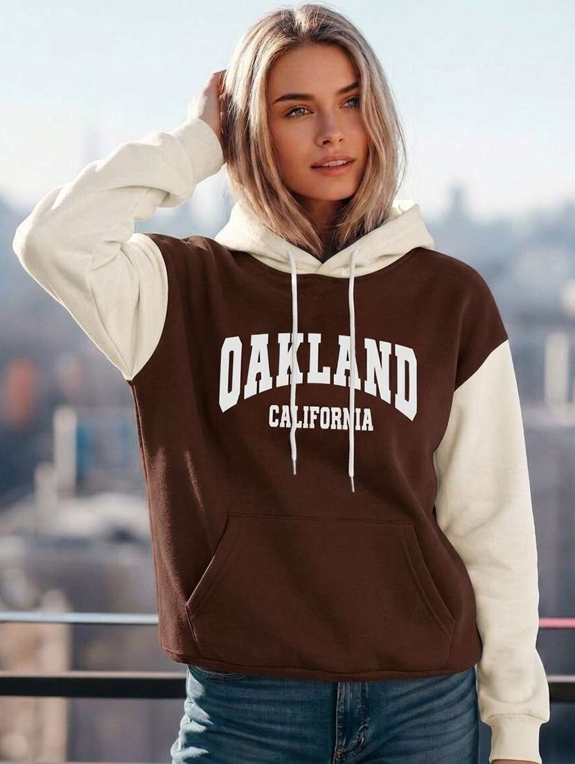 women colourblocked long sleeves hooded sweatshirt