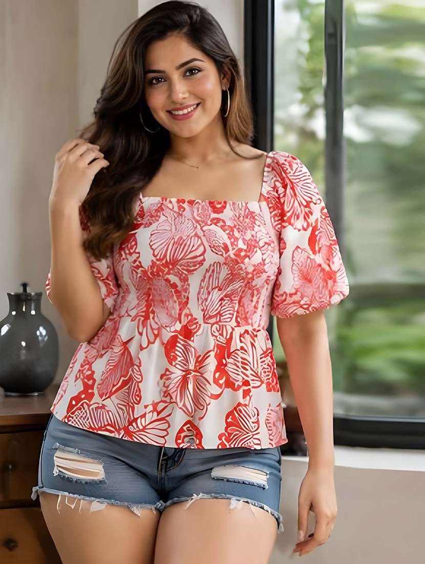 women printed puff sleeves peplum top