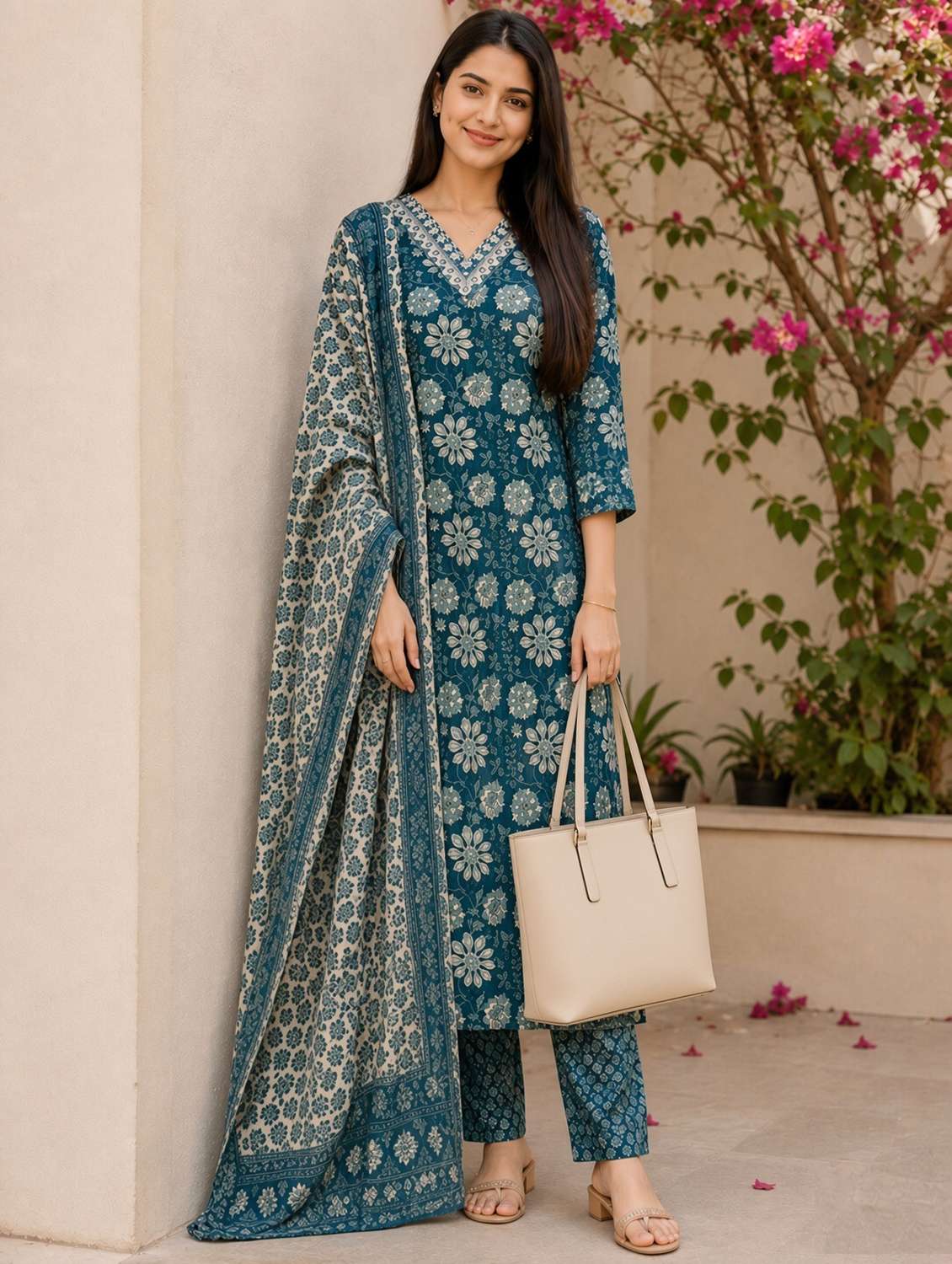 Women Printed Three Quarter Sleeves Kurta Pant Set With Dupatta - 22691006 -  Standard Image - 5