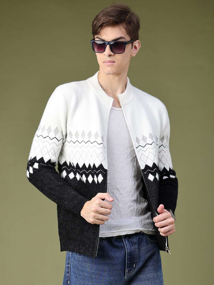 men geometric long sleeve regular fit pullover