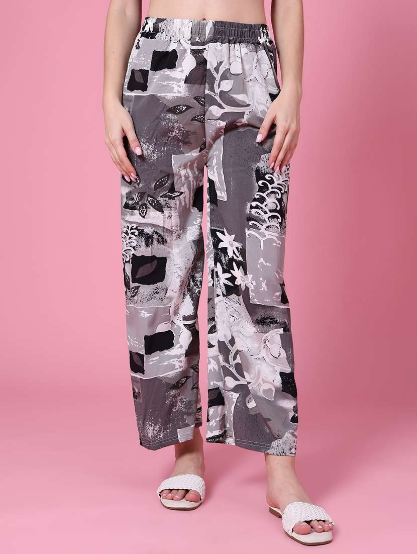 women printed mid rise wide leg trouser