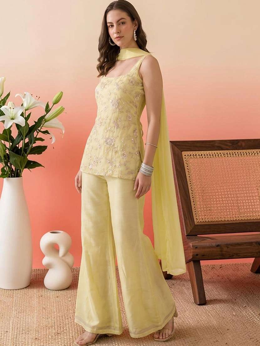 Women Embroidered Sleeveless Kurta Palazzo Set With Dupatta - 22692397 -  Standard Image - 3