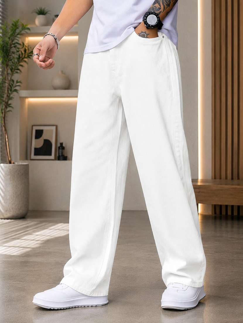 men plain mid rise full length baggy jeans