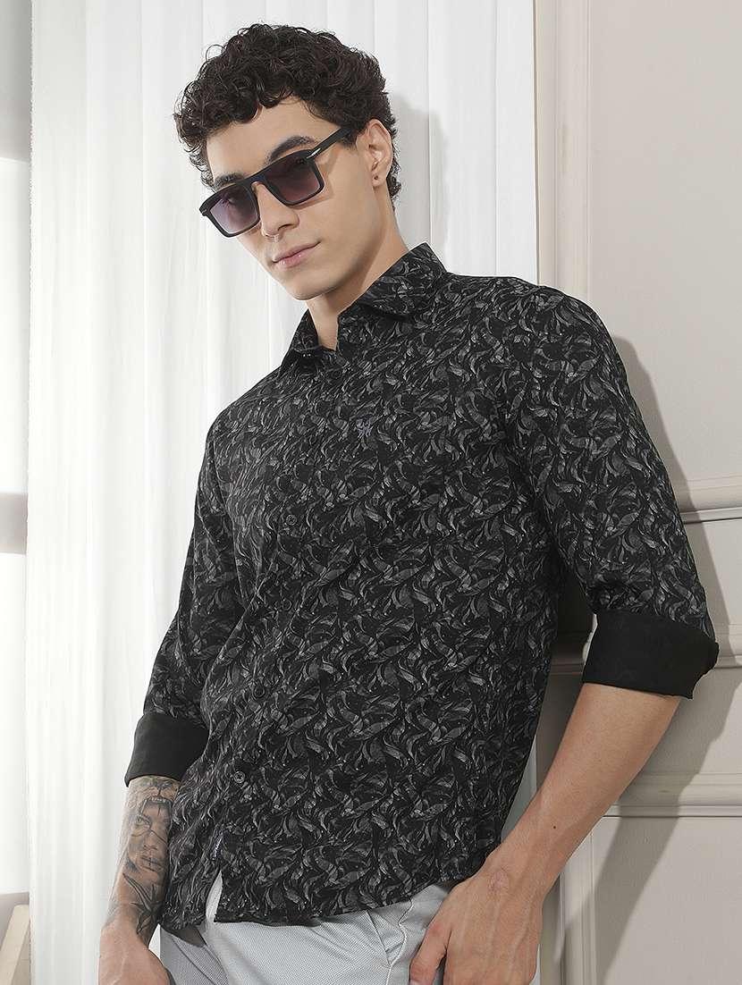men printed long sleeve slim fit casual shirt