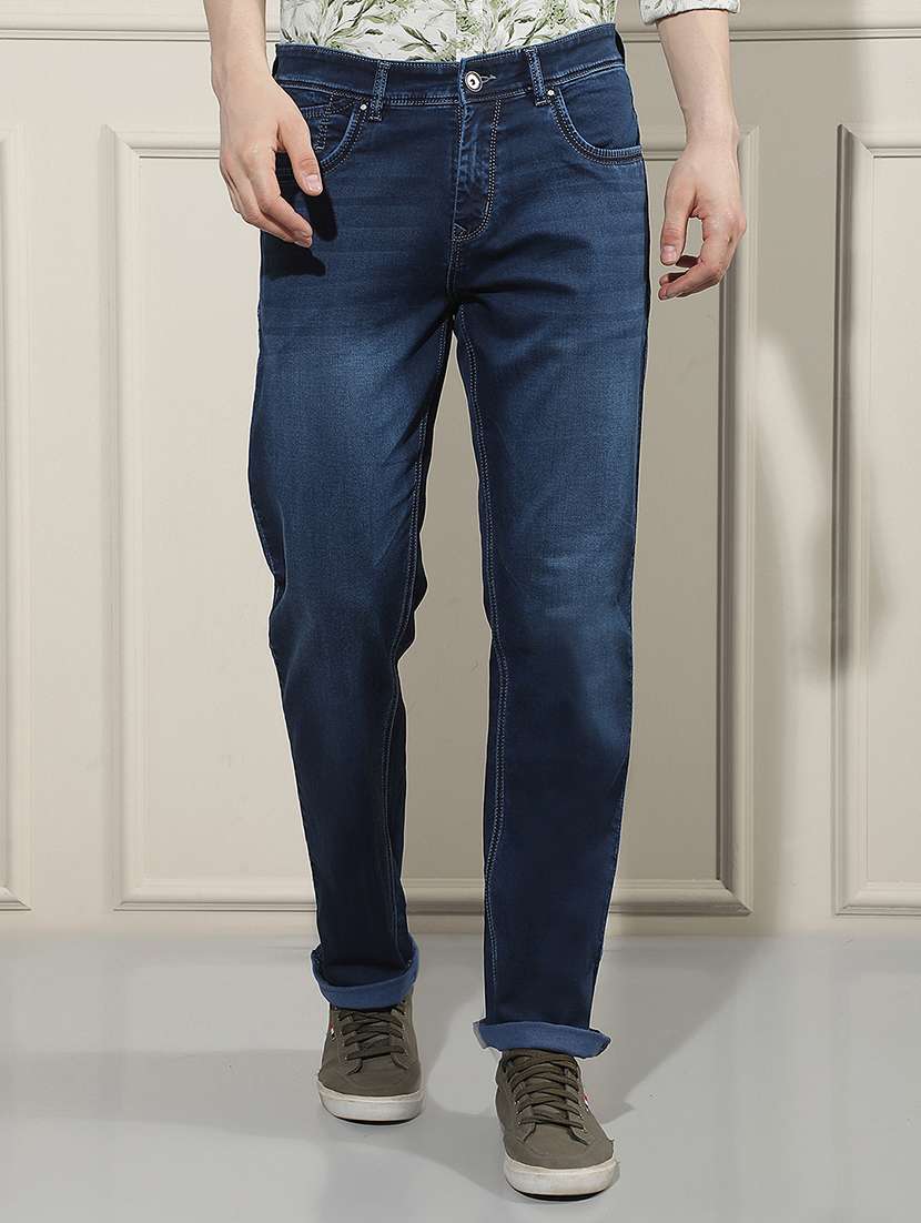 men washed mid rise straight jeans