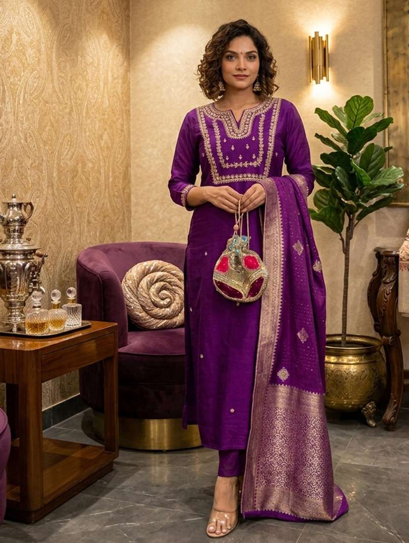 women embroidered three quarter sleeves kurta pant set with dupatta