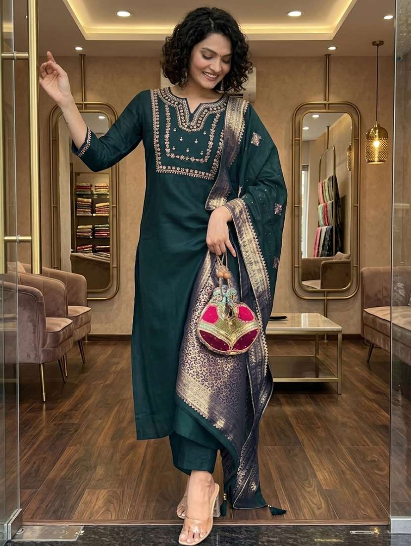 women embroidered three quarter sleeves kurta pant set with dupatta