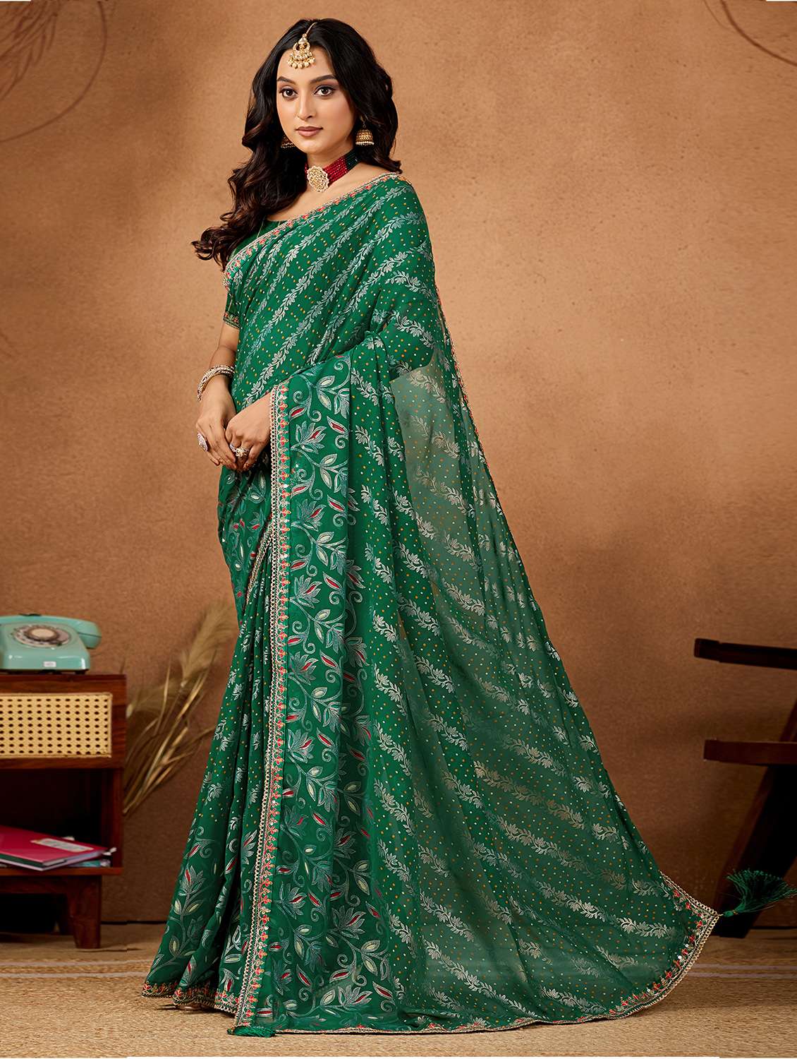 women bandhani printed saree with blouse