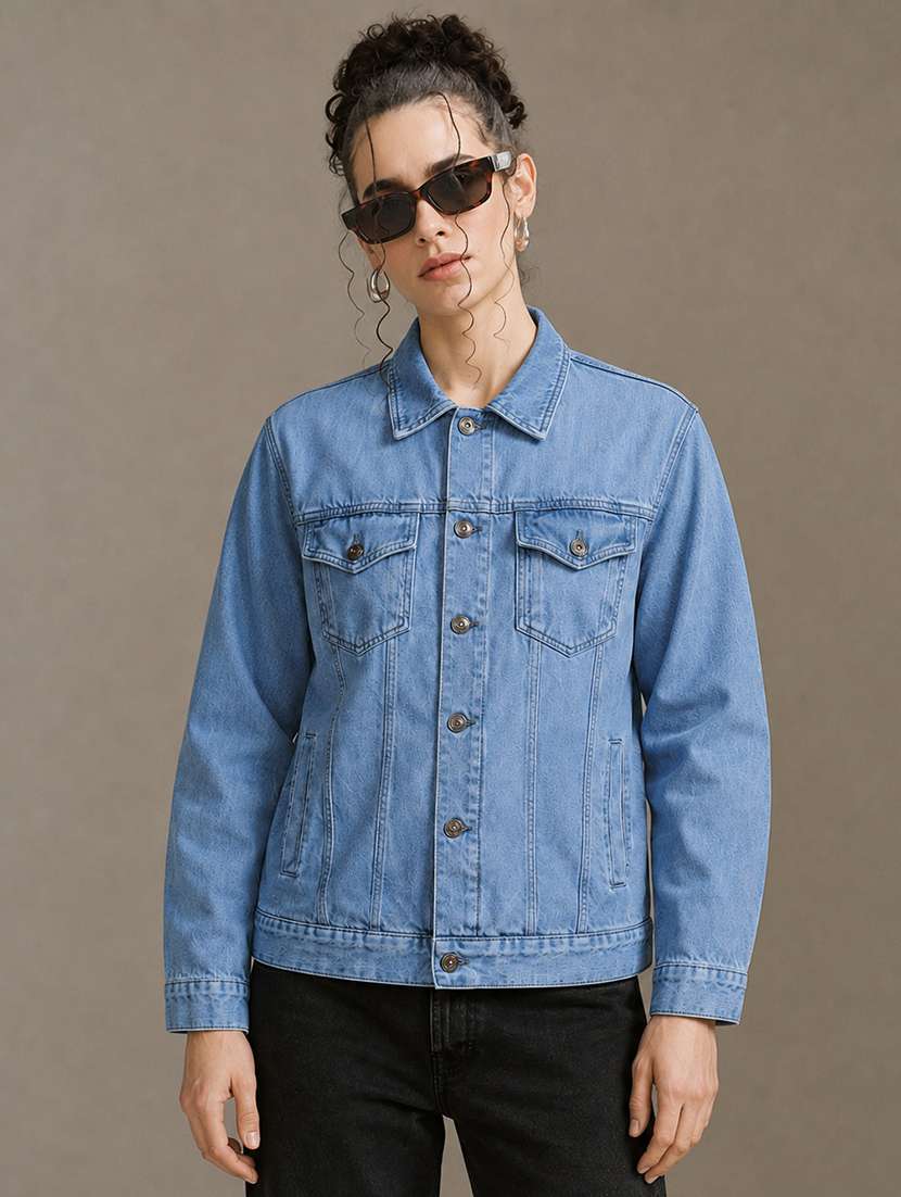 women solid long sleeve denim jacket
