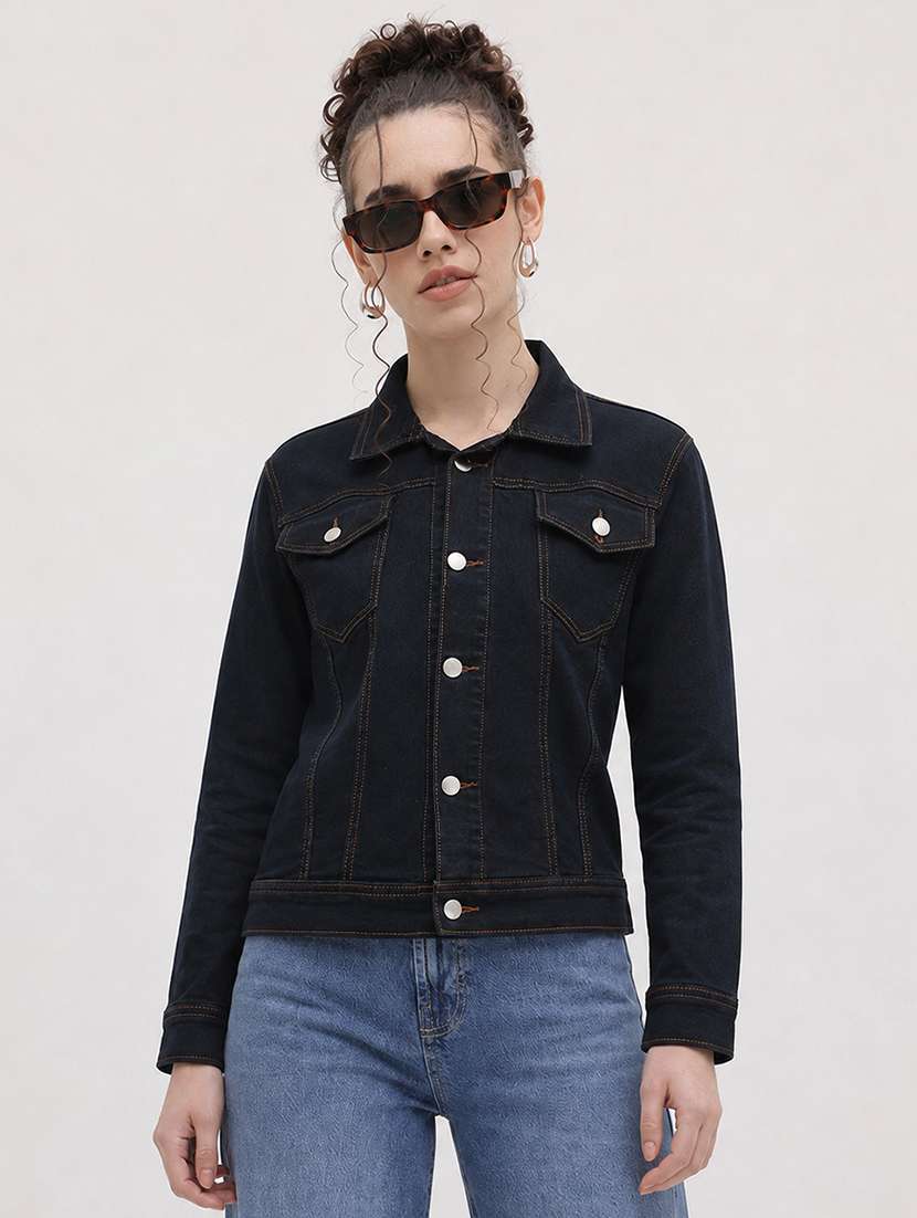 women solid long sleeve denim jacket