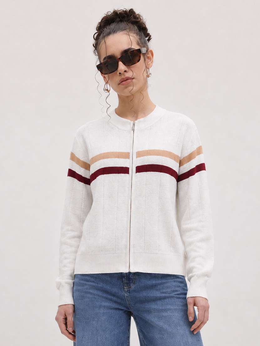 women striped long sleeve regular fit cardigan