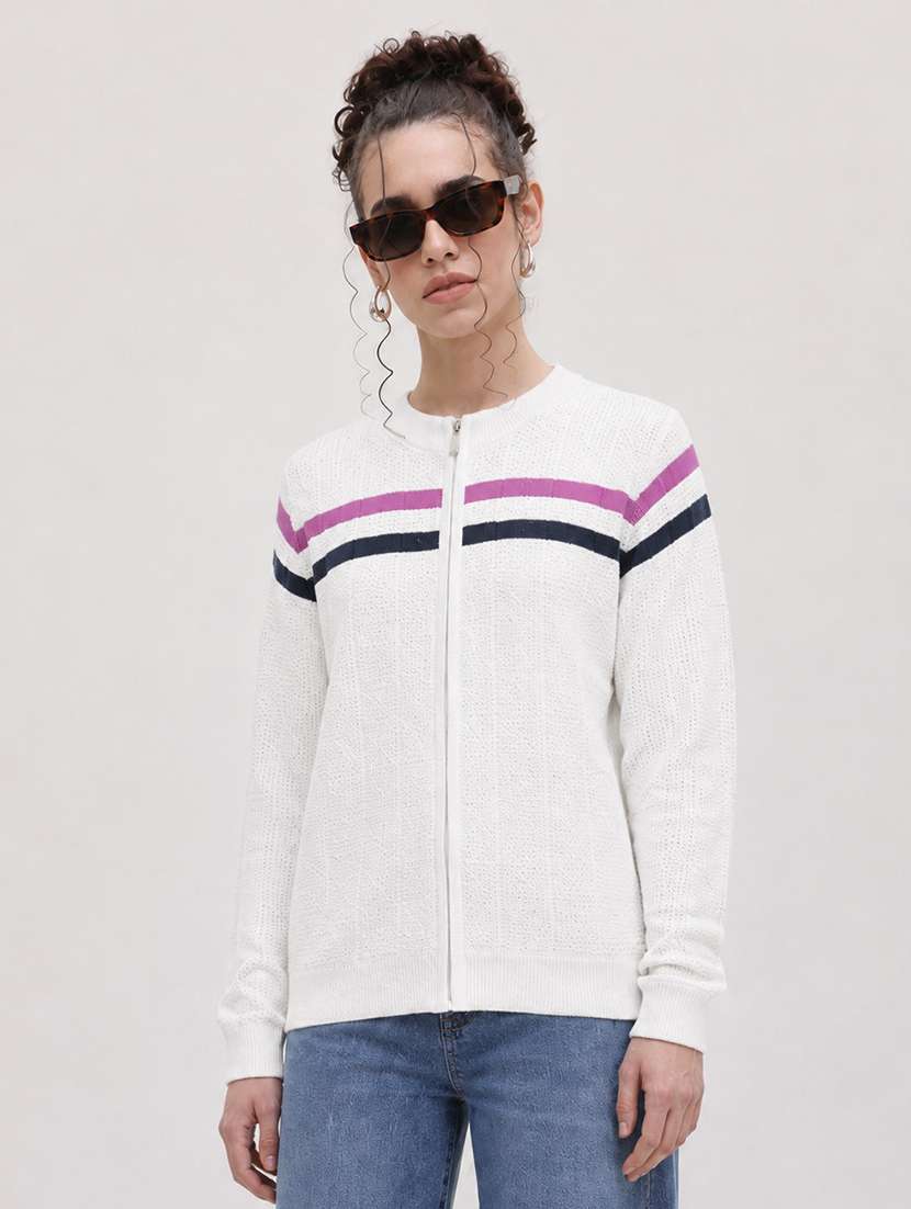 women striped long sleeves regular fit cardigan