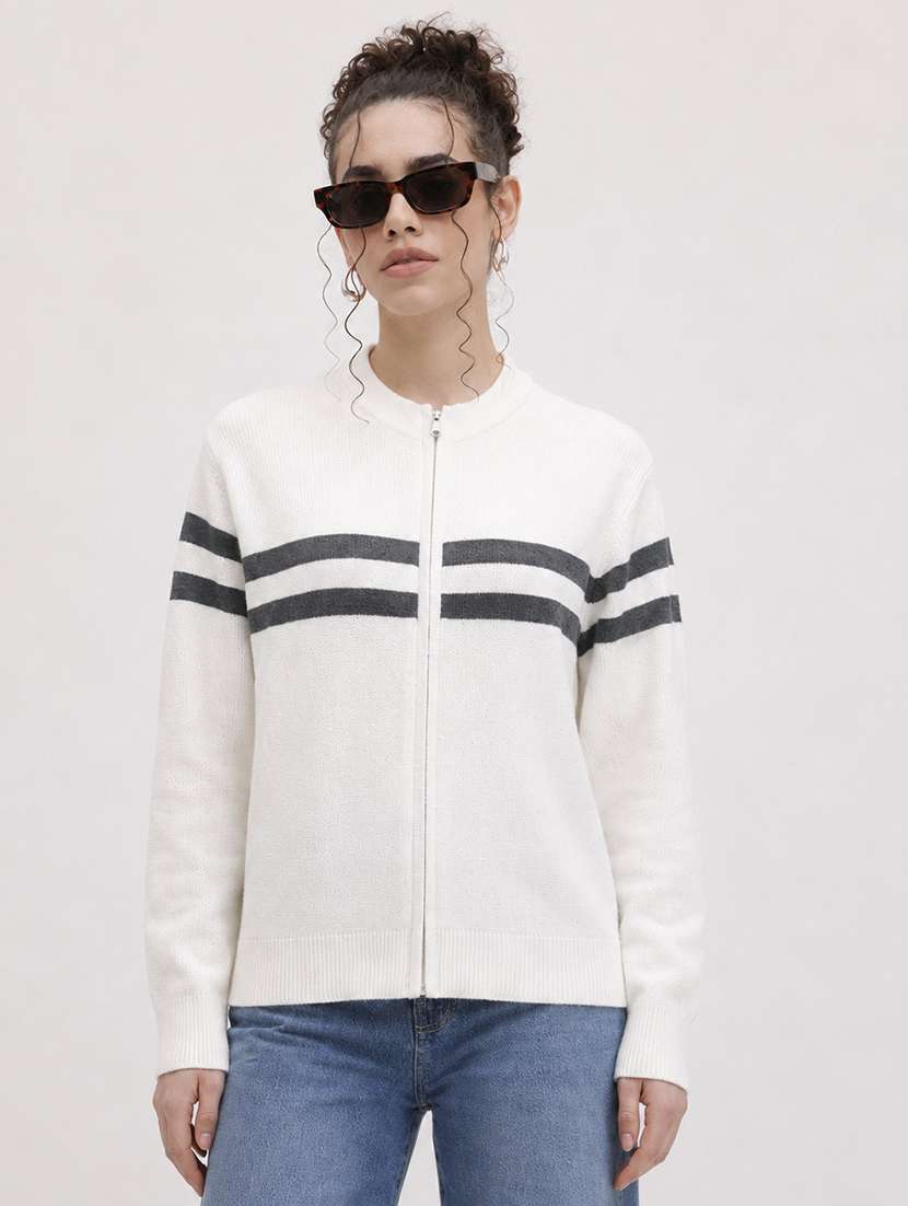 women striped long sleeves regular fit cardigan