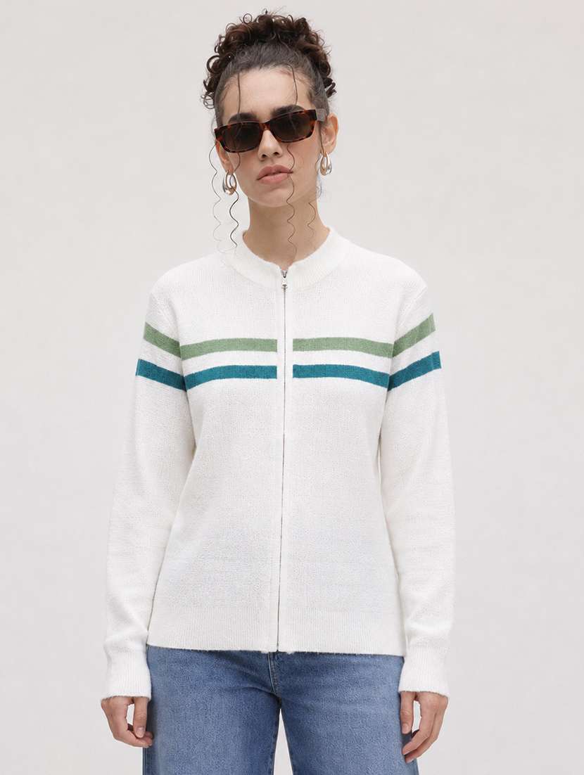 women striped long sleeve regular fit cardigan