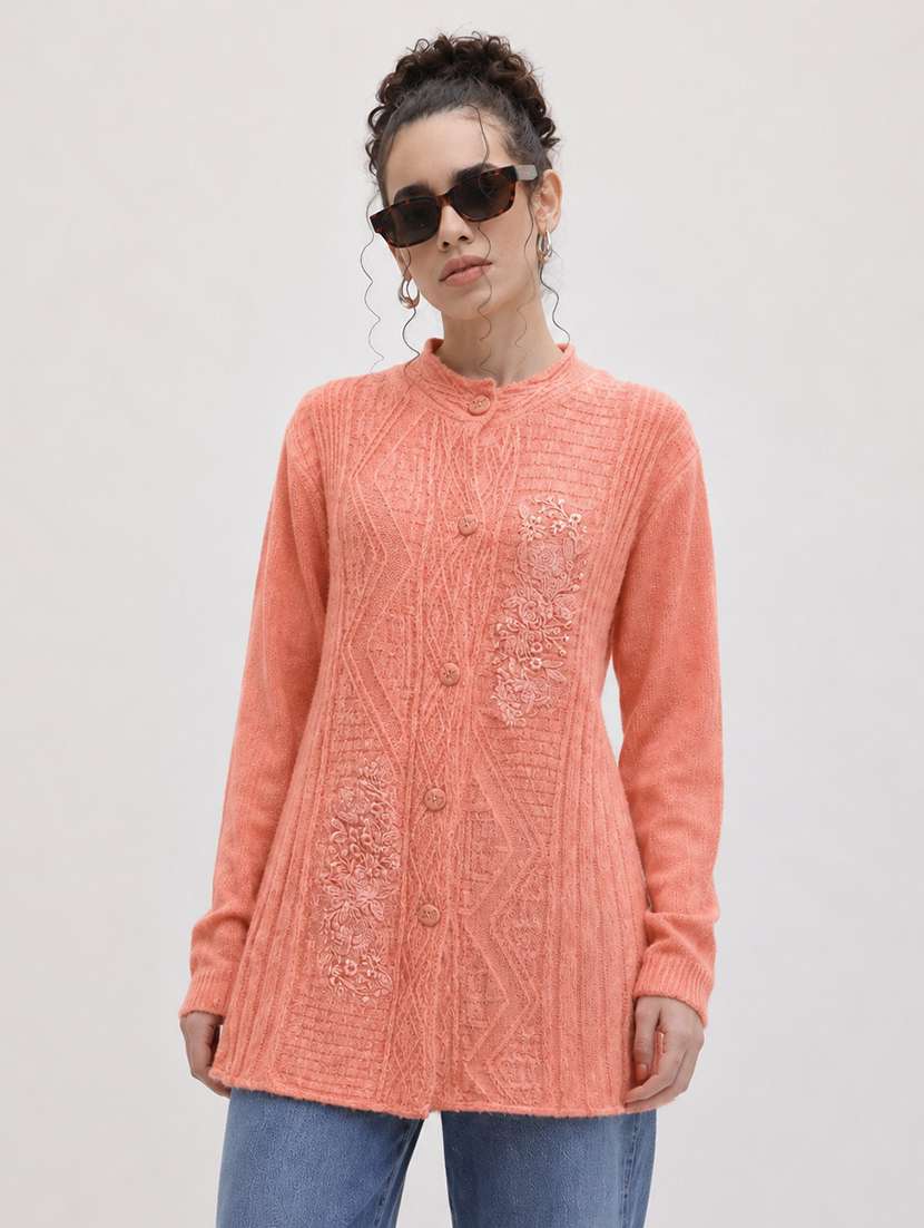 women self design long sleeves regular fit cardigan