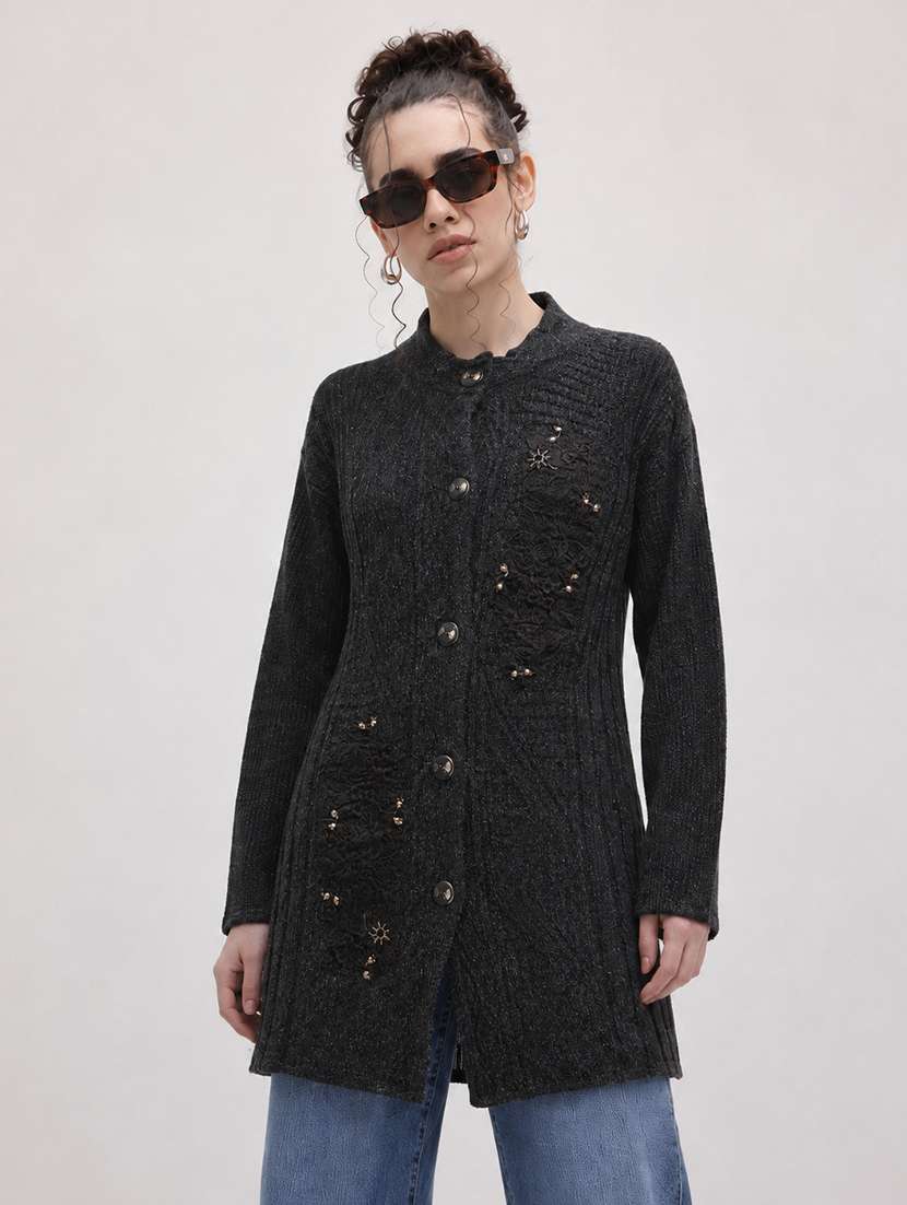 women self design long sleeves regular fit cardigan
