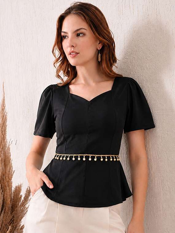 women solid short sleeves peplum top