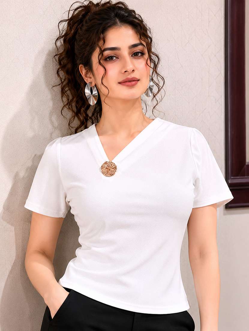 women solid short sleeves regular top