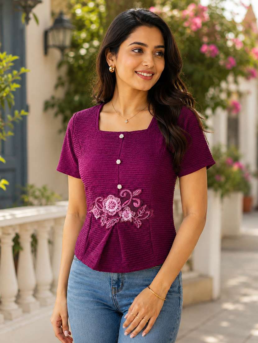 women self design short sleeves regular top