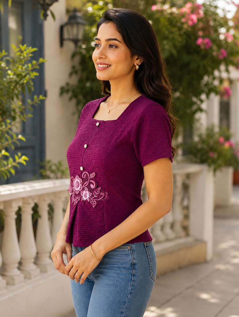 Women Self Design Short Sleeves Regular Top - 22696973 -  Standard Image - 3