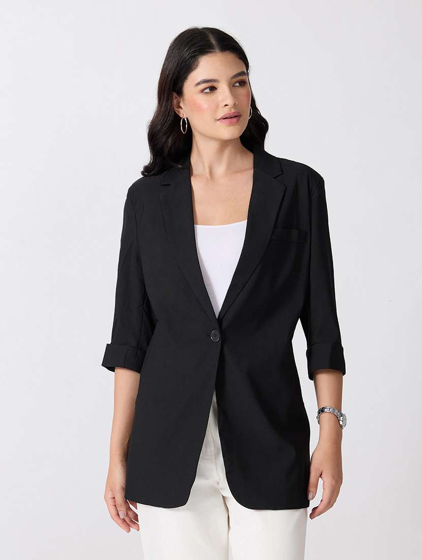 women solid three quarter sleeves single breasted blazer