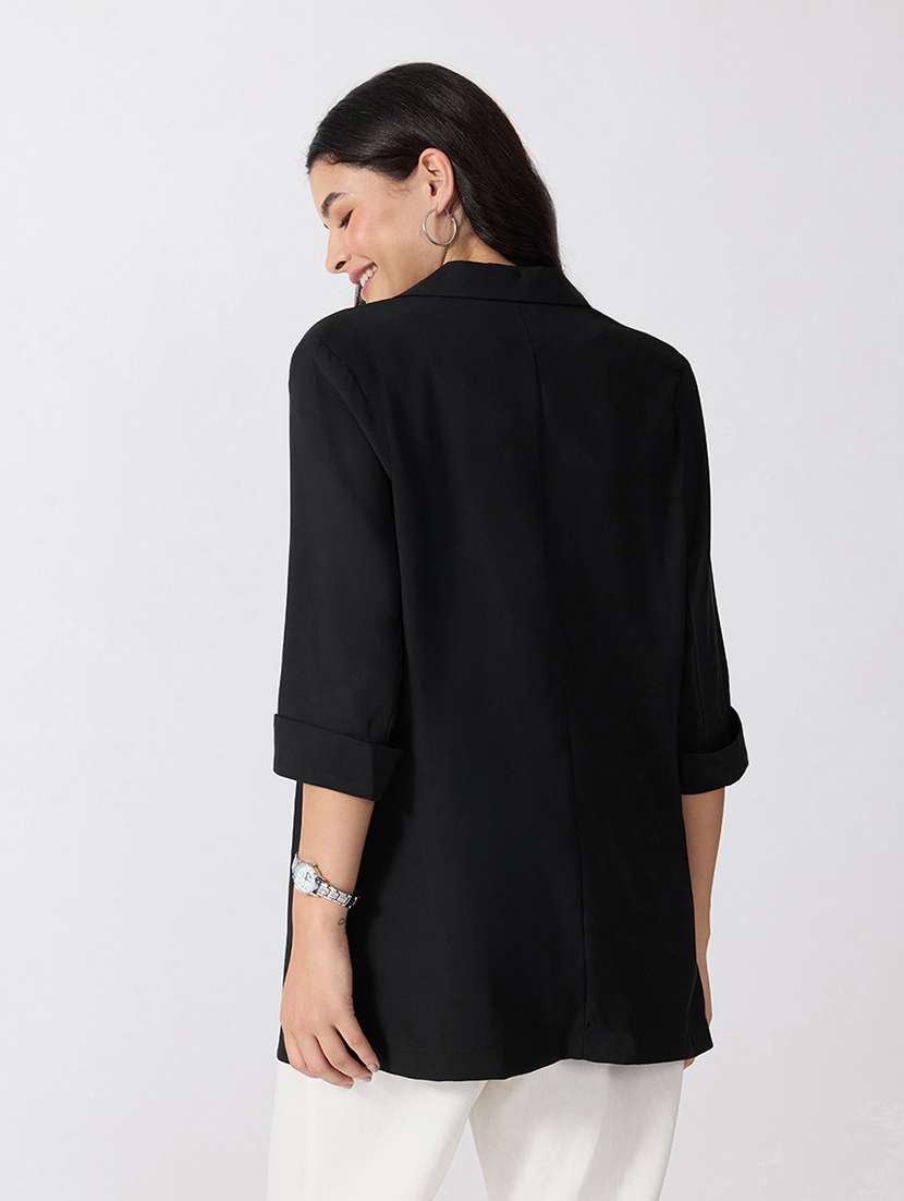 Women Solid Three Quarter Sleeves Single Breasted Blazer - 22697074 -  Standard Image - 3