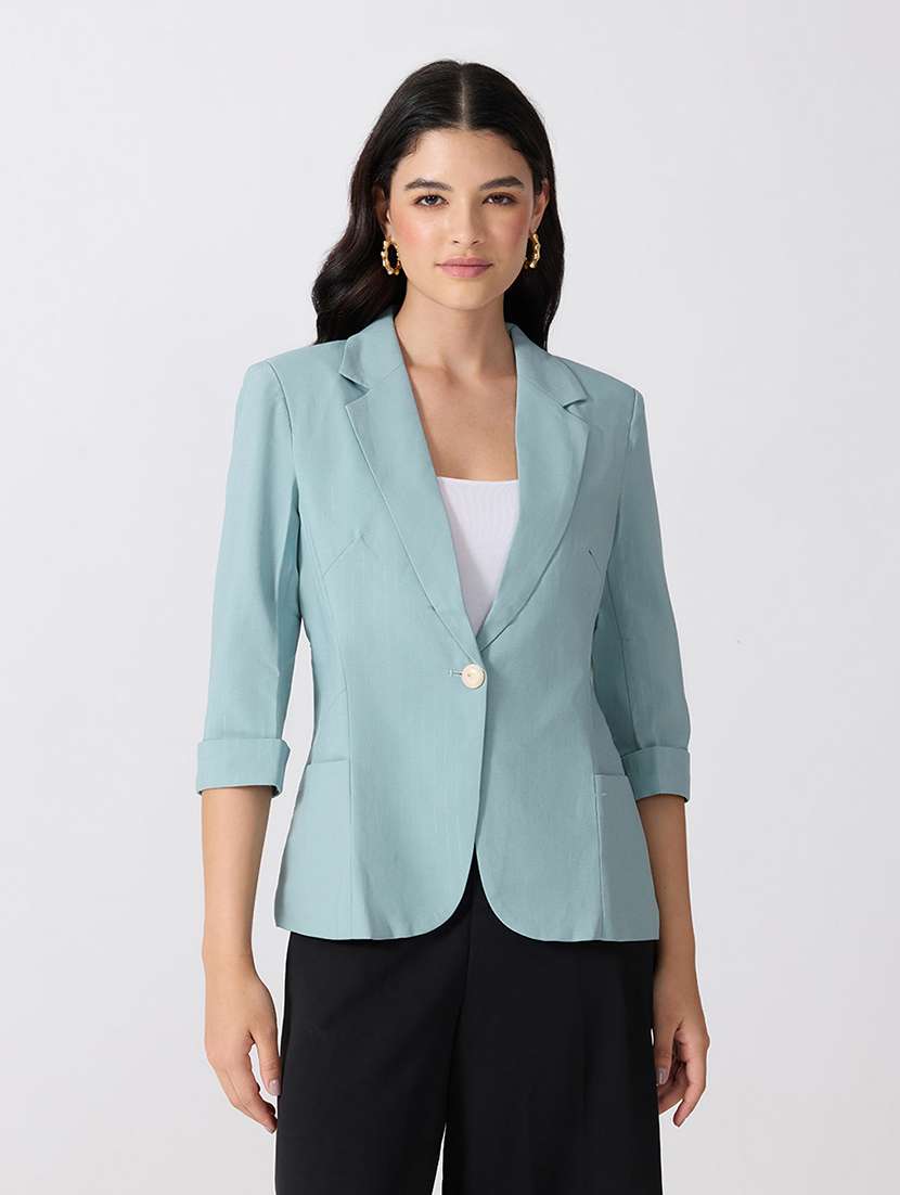 women solid three quarter sleeves single breasted blazer