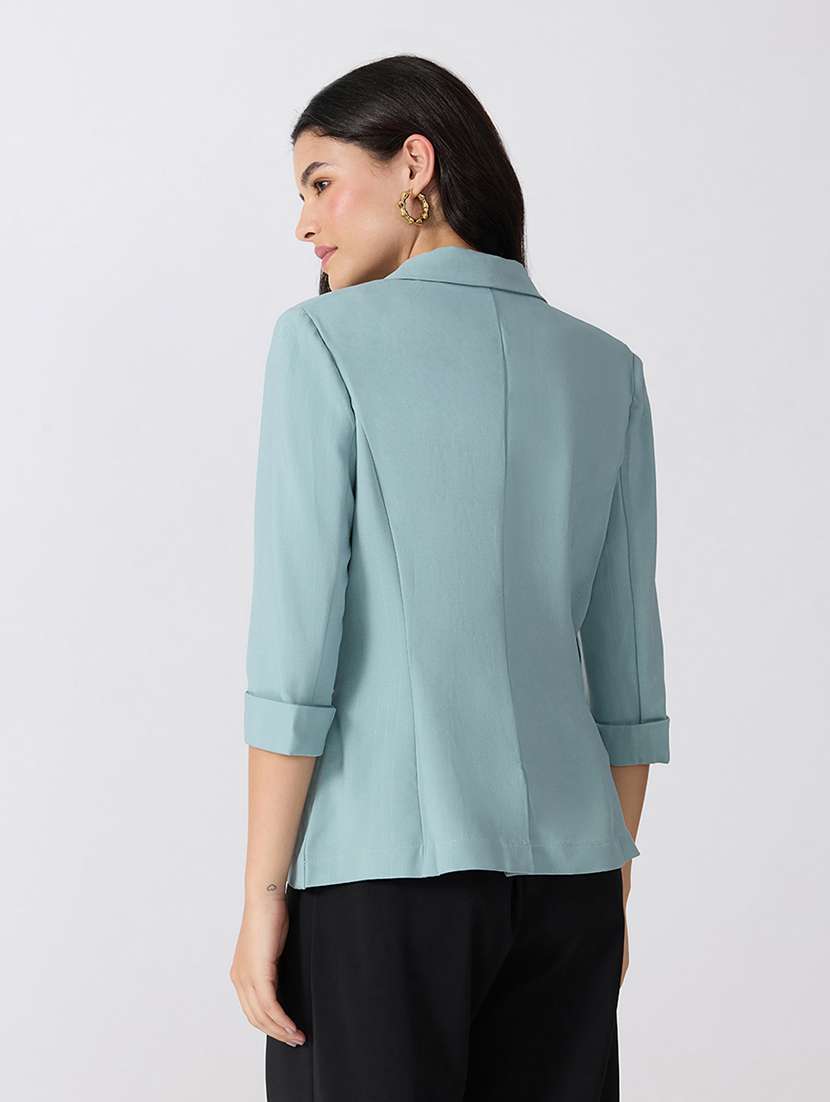 Women Solid Three Quarter Sleeves Single Breasted Blazer - 22697075 -  Standard Image - 3