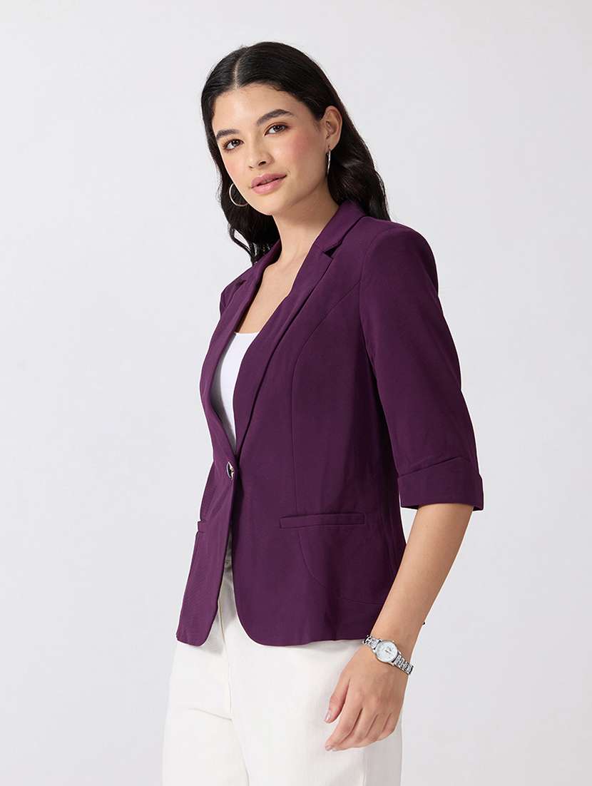 Women Solid Three Quarter Sleeves Single Breasted Blazer - 22697076 -  Standard Image - 3