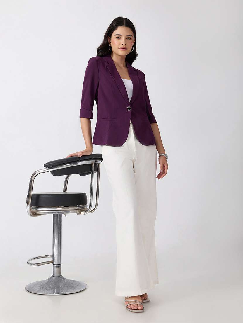 Women Solid Three Quarter Sleeves Single Breasted Blazer - 22697076 -  Standard Image - 5