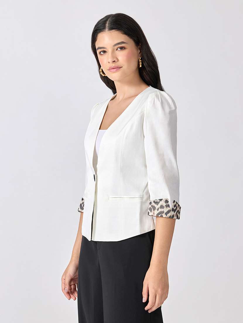 Women Solid Three Quarter Sleeves Single Breasted Blazer - 22697079 -  Standard Image - 3