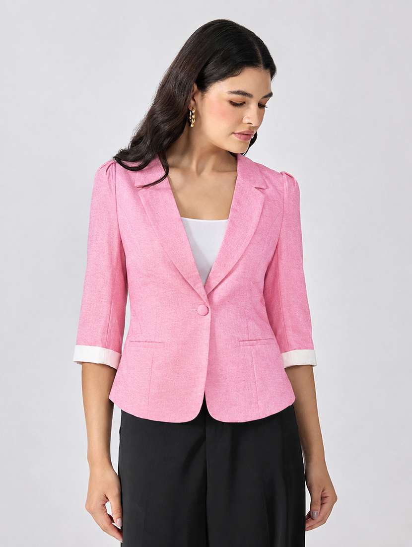 women solid three quarter sleeves single breasted blazer