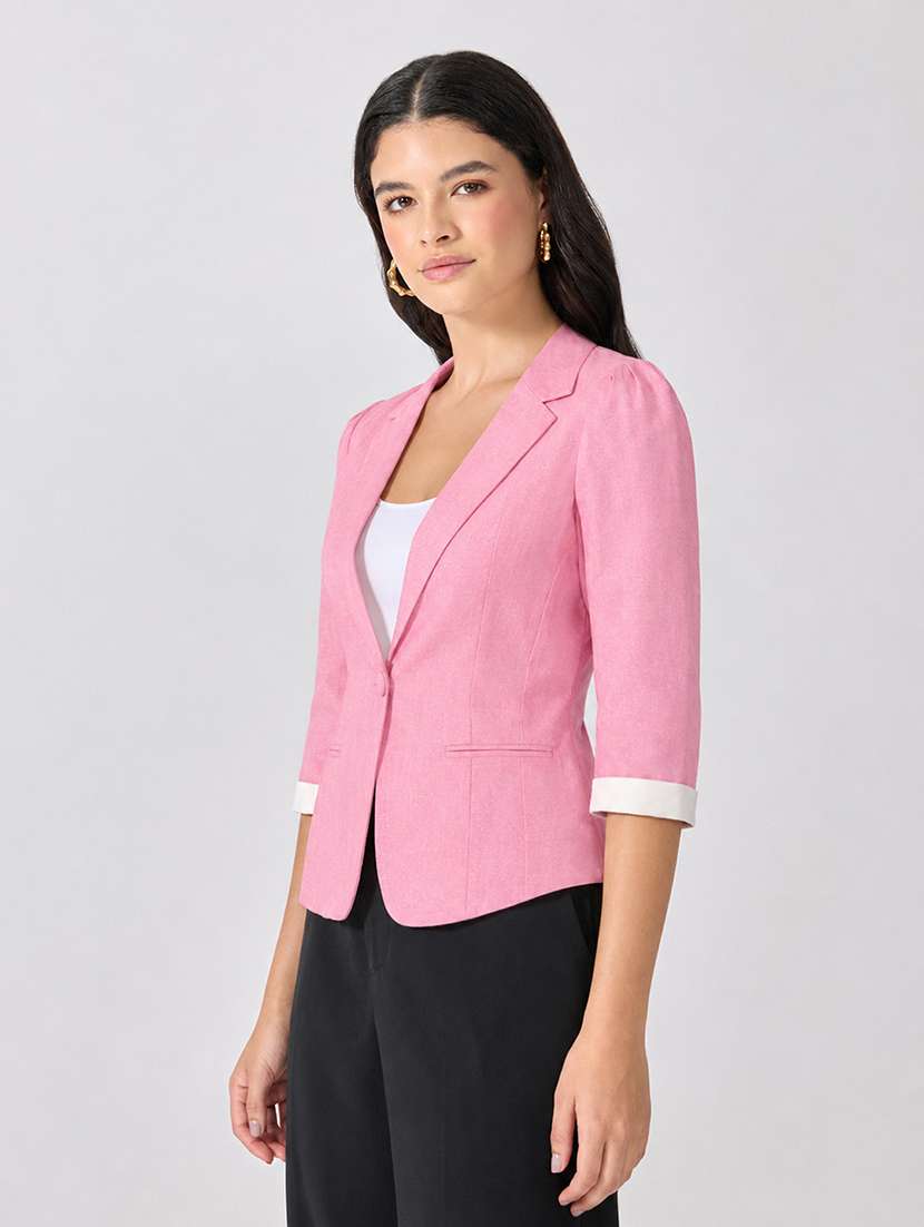 Women Solid Three Quarter Sleeves Single Breasted Blazer - 22697080 -  Standard Image - 3