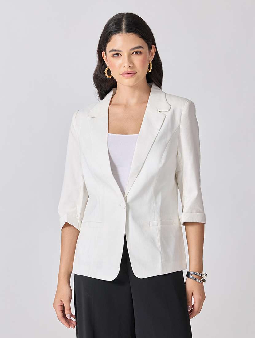 women solid three quarter sleeves single breasted blazer