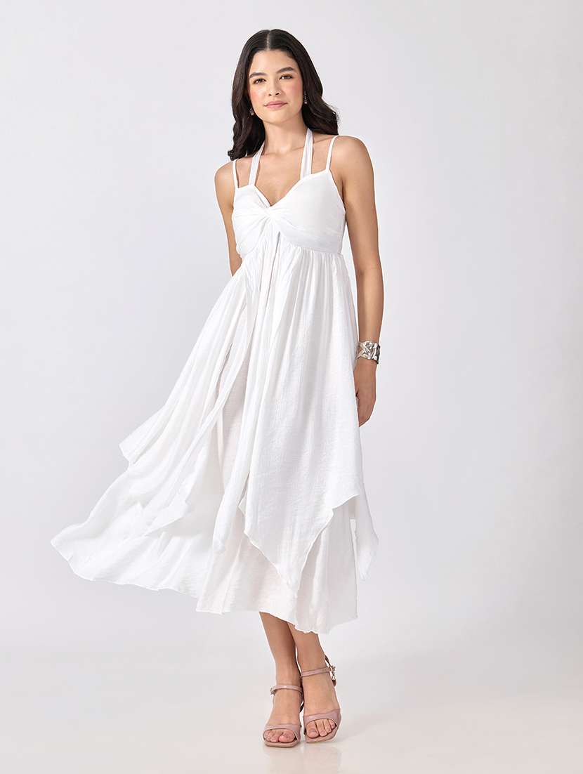 women solid shoulder strap fit and flare dress