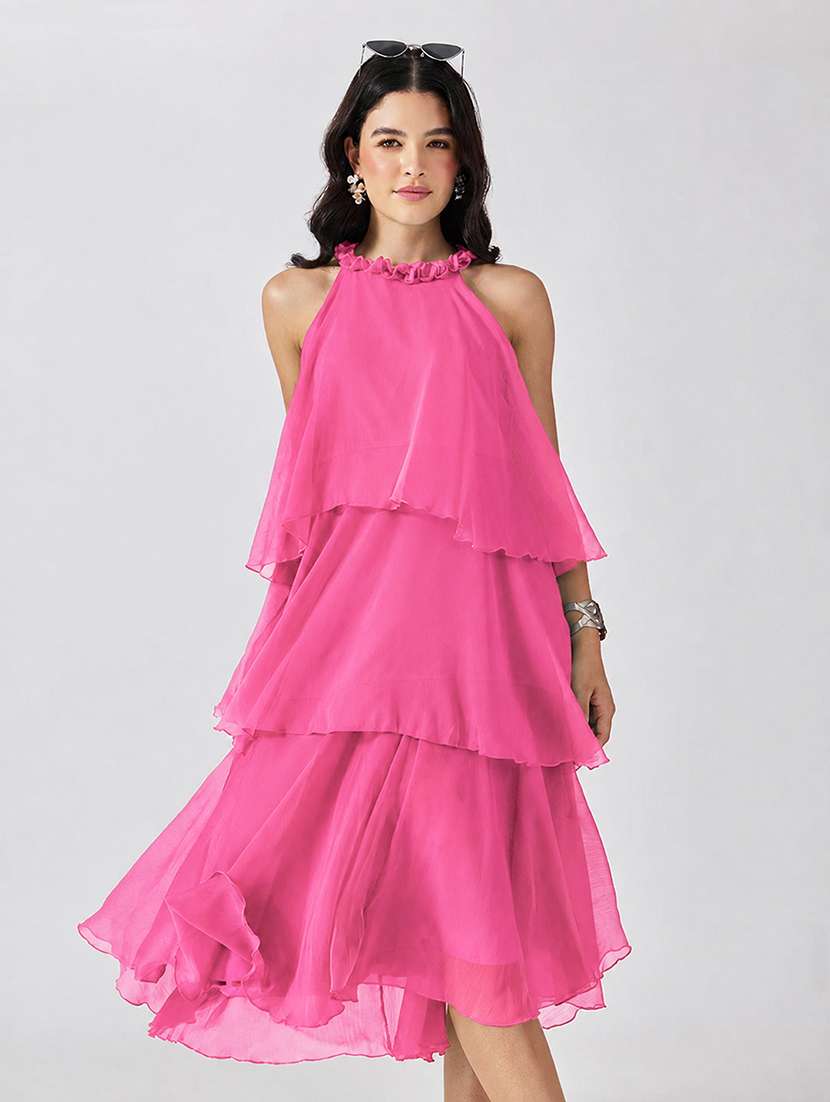 women solid sleeveless layered dress