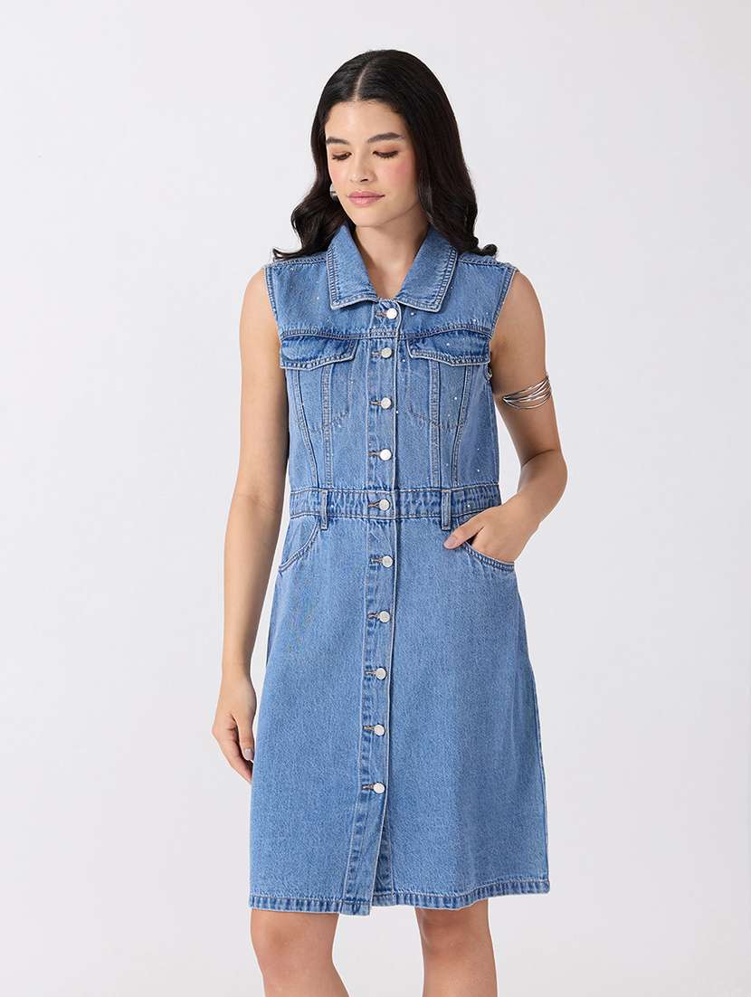 women embellished sleeveless shirt dress
