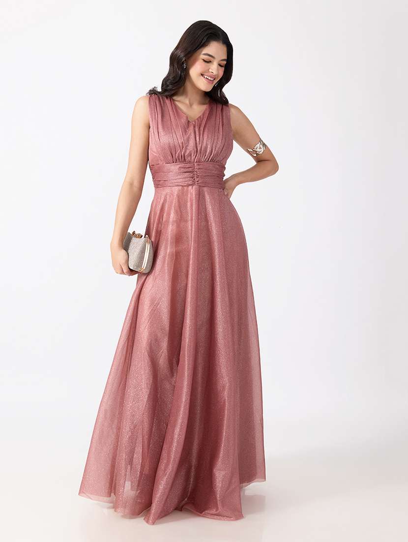 women self design sleeveless fit and flare gown