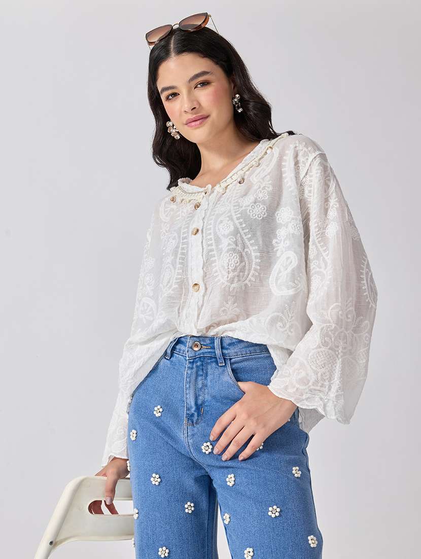 women embroidered long sleeves shirt style top