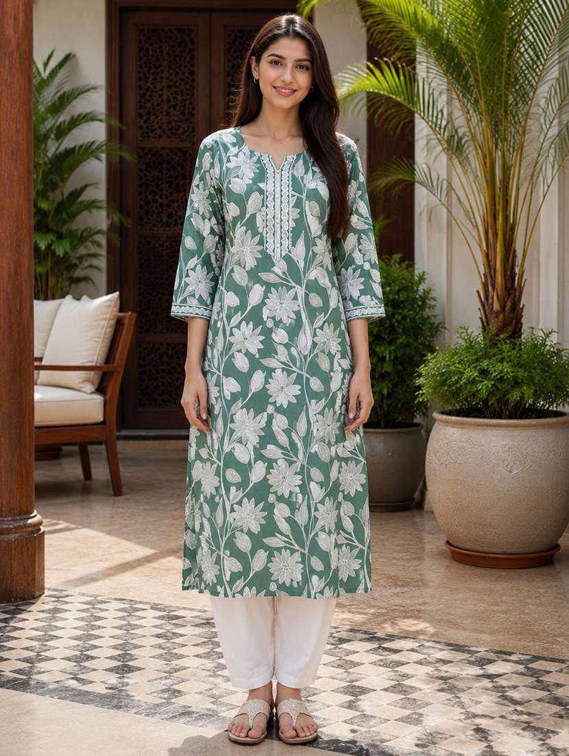 women printed three quarter sleeves straight kurta