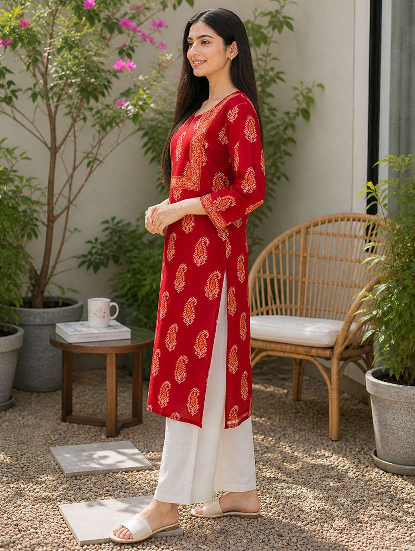 Women Printed Three Quarter Sleeves Straight Kurta - 22697210 -  Standard Image - 3