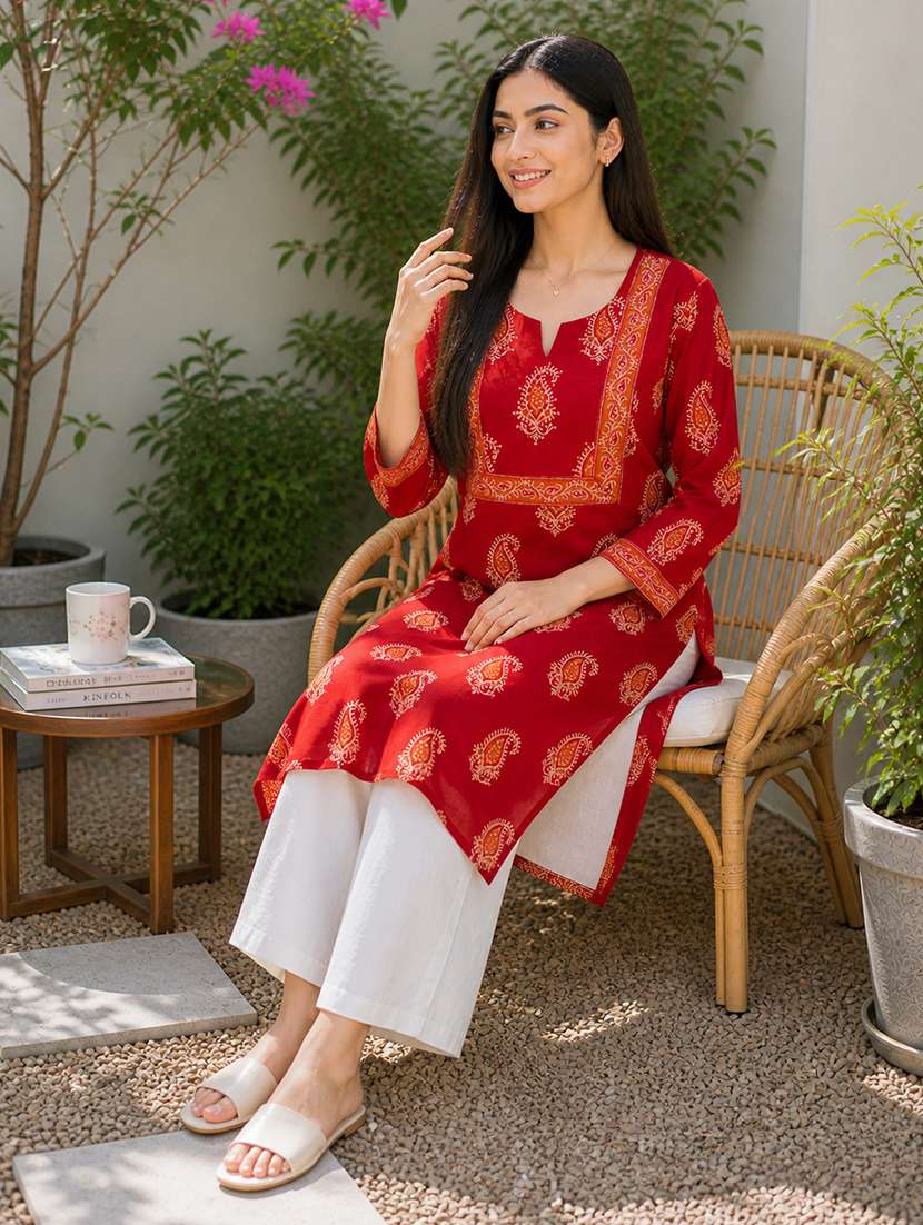 Women Printed Three Quarter Sleeves Straight Kurta - 22697210 -  Standard Image - 5