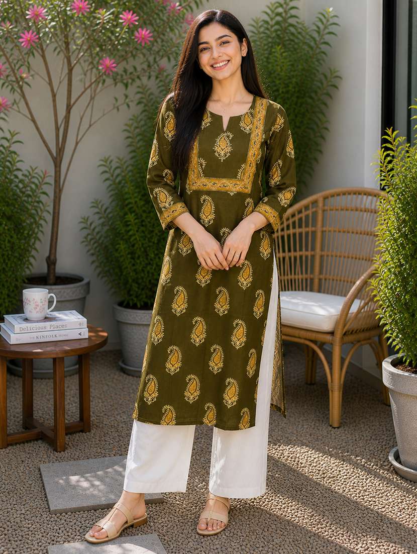 women printed three quarter sleeves straight kurta