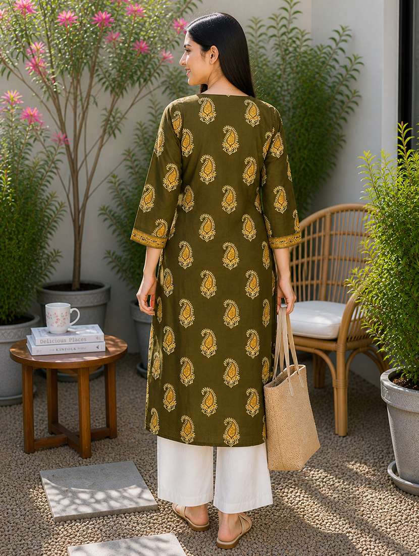 Women Printed Three Quarter Sleeves Straight Kurta - 22697211 -  Standard Image - 3