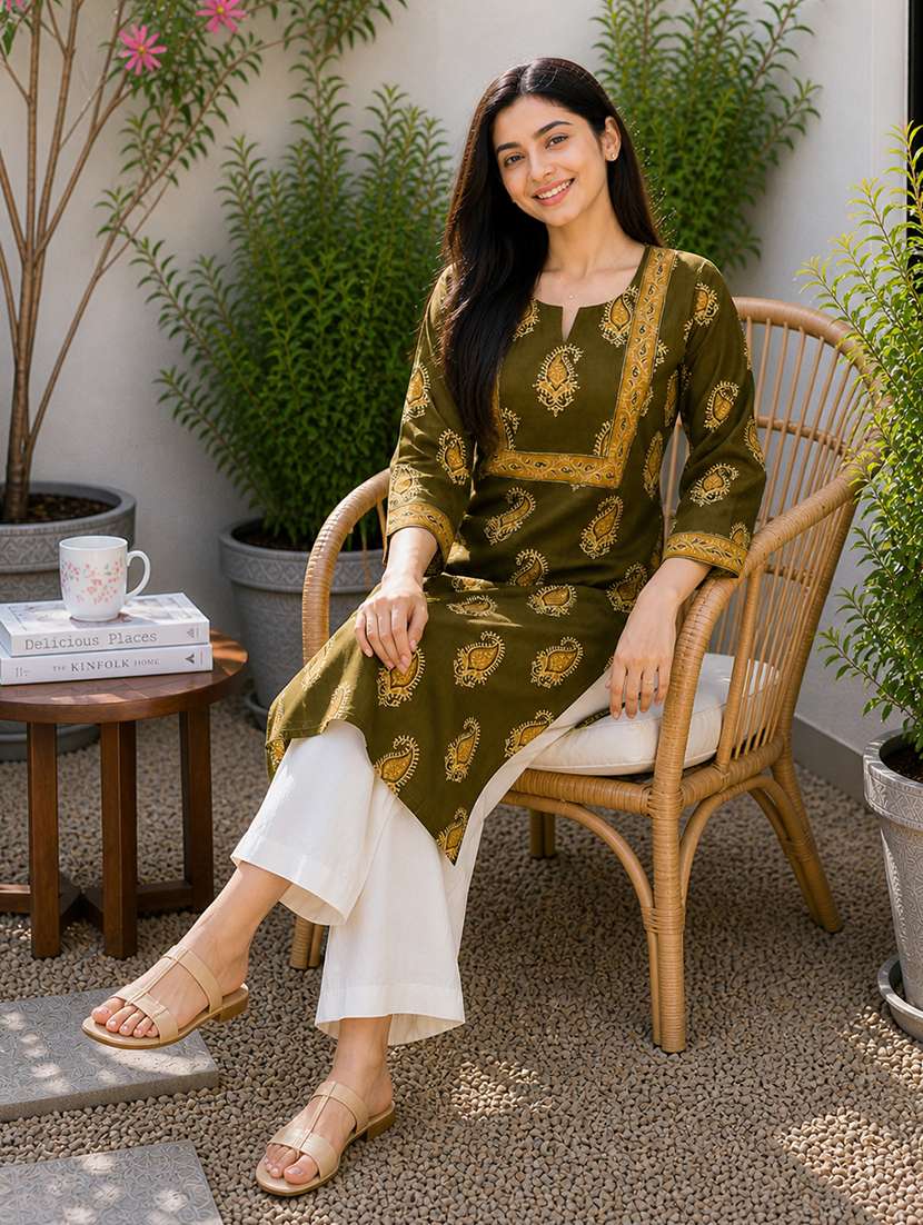 Women Printed Three Quarter Sleeves Straight Kurta - 22697211 -  Standard Image - 5